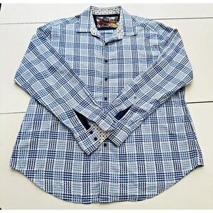 Robert Graham Button Shirts Men 2 XL Blue Plaid Long Sleeve Dot Flip Cuff